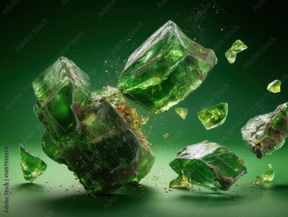 Poster emerald green crystals explode, scattering gold dust against a deep green backdrop. a dynamic, high-