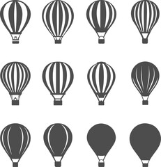 Set silhouettes of hot air balloon isolated on transparent background. Glyph icons