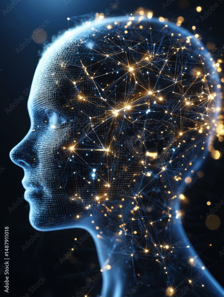 Leinwandbilder AI-generated image depicting a female head profile, constructed from a network of glowing lines and nodes, suggesting digital consciousness or neural connections. : Generative AI