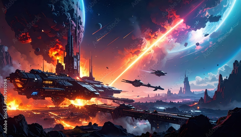 Aufkleber futuristic space colony devastated by meteor shower in a distant setting