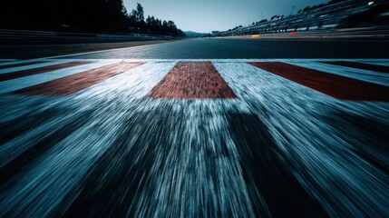 Fast race car speeding down a track, motion blur effect showcasing the start finish line, red and white checkered flags blurred, asphalt texture, speed, competition. : Generative AI