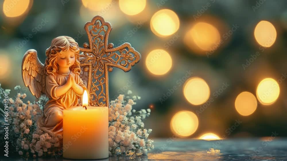 Poster a candle placed next to a statue of an angel, perfect for use in devotional or meditation settings