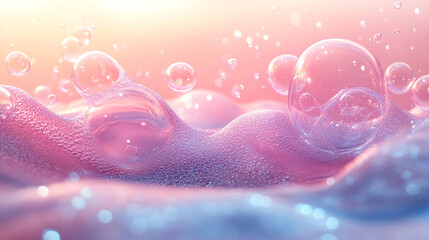 Pink bubbly foam surface with bubbles, sparkles, and sunset background