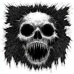 Detailed black and white drawing of a menacing skull.