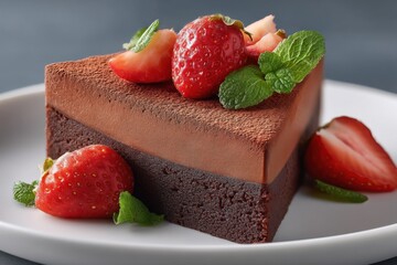 A decadent slice of double chocolate mousse cake, adorned with fresh strawberries and mint leaves, sits elegantly on a white plate. : Generative AI