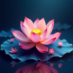 Pink lotus flower with yellow center on blue lily pad in water