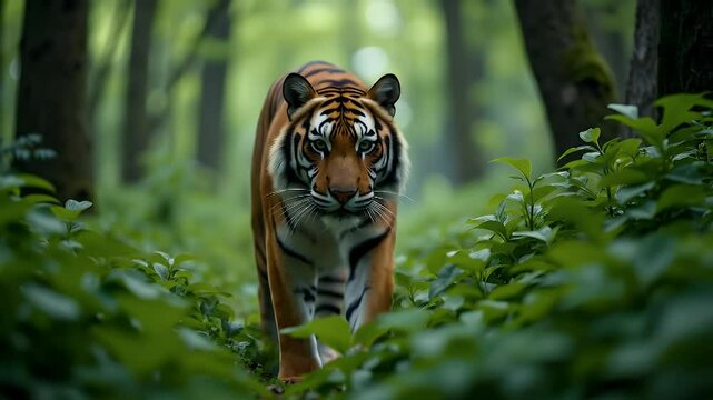 Tiger walking through lush forest