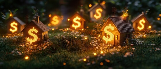 Glowing dollar sign miniature houses at night
