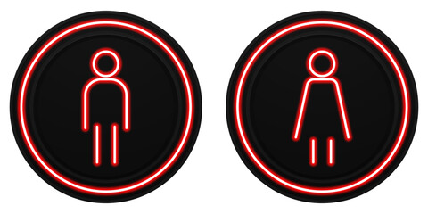 Male and female neon restroom icons on black circles