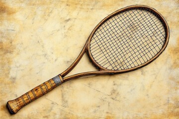 Vintage Wooden Tennis Racket on Aged Background Texture