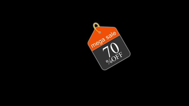 Sale tag banner hanging 4k animation 70% off or discount banner hd animation sale tag animation with alpha channels, and sale banner animation with space for text with alpha channels.