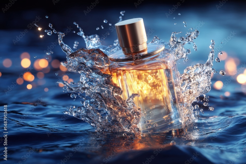 Aufkleber luxury perfume bottle submerged in water, creating a dynamic splash with golden light reflecting off