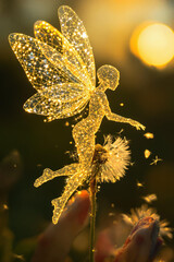  A fairy made of pure light playing with a dandelio