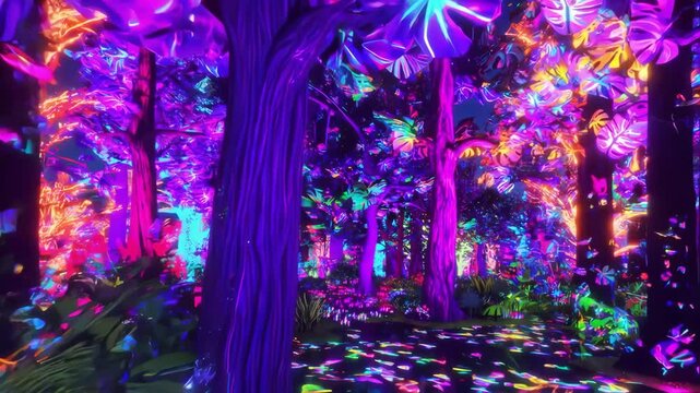 Neon Forest at Night: A Surreal and Vibrant Landscape with Glowing Trees and Colorful Illumination
