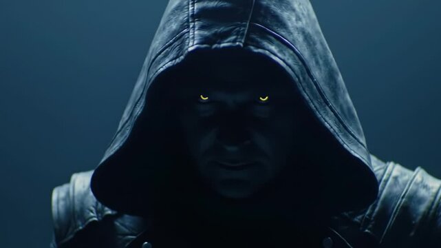 A shadowy figure dressed in a dark hoodie stands with glowing yellow eyes, creating an intense and suspenseful atmosphere in a dimly lit space. The mysterious presence captivates attention.