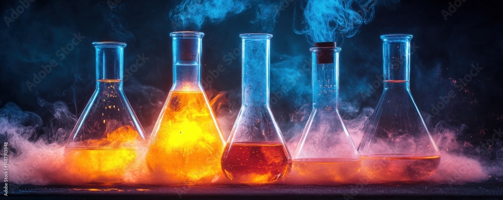 Poster Five Erlenmeyer Flasks Filled with Glowing Liquids, Surrounded by Colorful Smoke and Vapor, Illuminated with Dramatic Lighting. : Generative AI