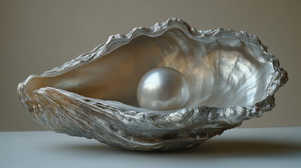 Pearl in oyster shell on table, neutral background