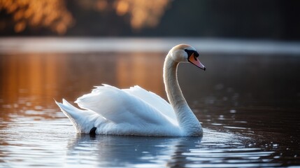 Fototapeta premium White Swan on Calm Water at Sunset, Golden Hour Light