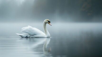 Fototapeta premium White Swan on Misty Lake Serene Waterfowl in Soft Morning Light