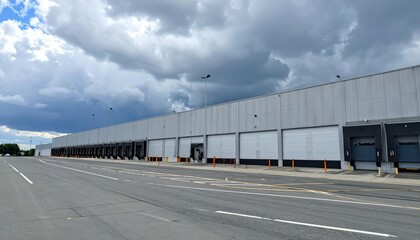 Fototapeta premium Functional Warehouse Cargo Packing Stations Under Stormy Skies