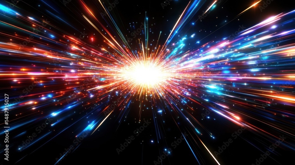 Poster Vibrant cosmic explosion with radiating multicolored light streaks and bright sparkles against a black background, creating a dynamic and energetic visual effect. : Generative AI