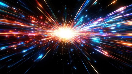 Vibrant cosmic explosion with radiating multicolored light streaks and bright sparkles against a black background, creating a dynamic and energetic visual effect. : Generative AI