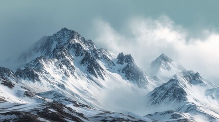Majestic snow-capped mountain peaks rise dramatically under a brooding, overcast sky, their rugged textures and icy slopes highlighted by swirling mist. : Generative AI