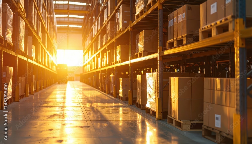 Poster functional pallet racking system featuring robotic pickers at sunset