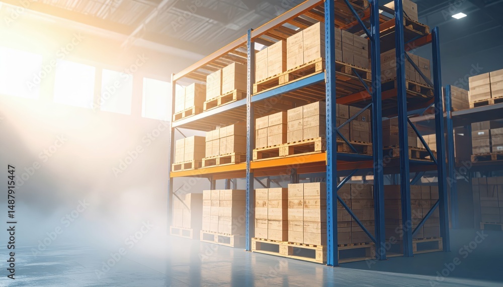 Poster functional pallet racking system with stacked pallets in foggy warehouse