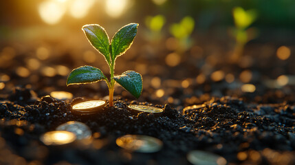 Seedling growing from coins in soil at sunset, new growth background