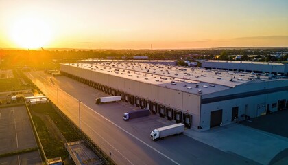 Fototapeta premium Aerial View of Shipping Depot with Loading Docks at Golden Hour