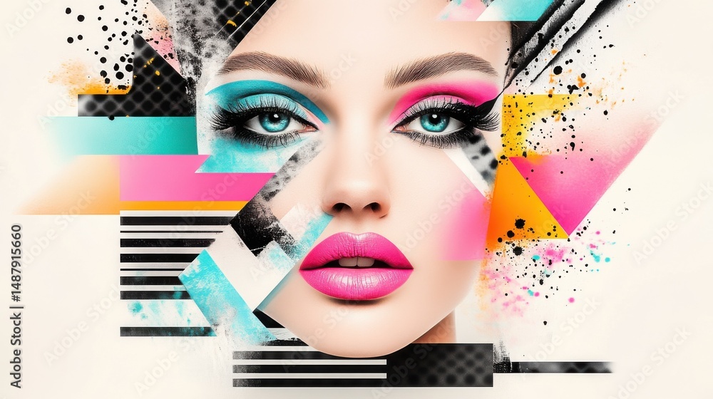 Poster a woman's face is artfully fragmented with vibrant geometric shapes and splashes of color, creating 