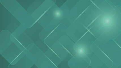 Modern abstract design featuring glowing green squares and intersecting soft light geometric shapes