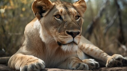 Obraz premium Close-up portrait of a lioness in natural habitat.