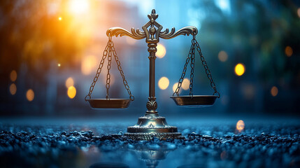 Scales of justice at sunset on gravel, bokeh background, legal concept