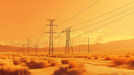 Power lines stretch across a sun-baked desert landscape.
