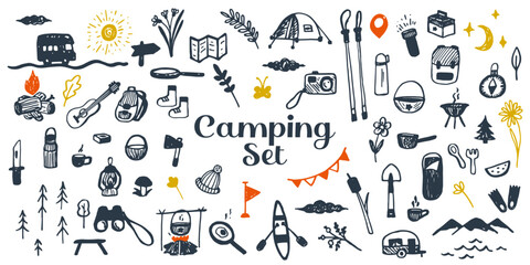 Large collection of camping items in doodle style. Camping set in vector. © V. G. Design
