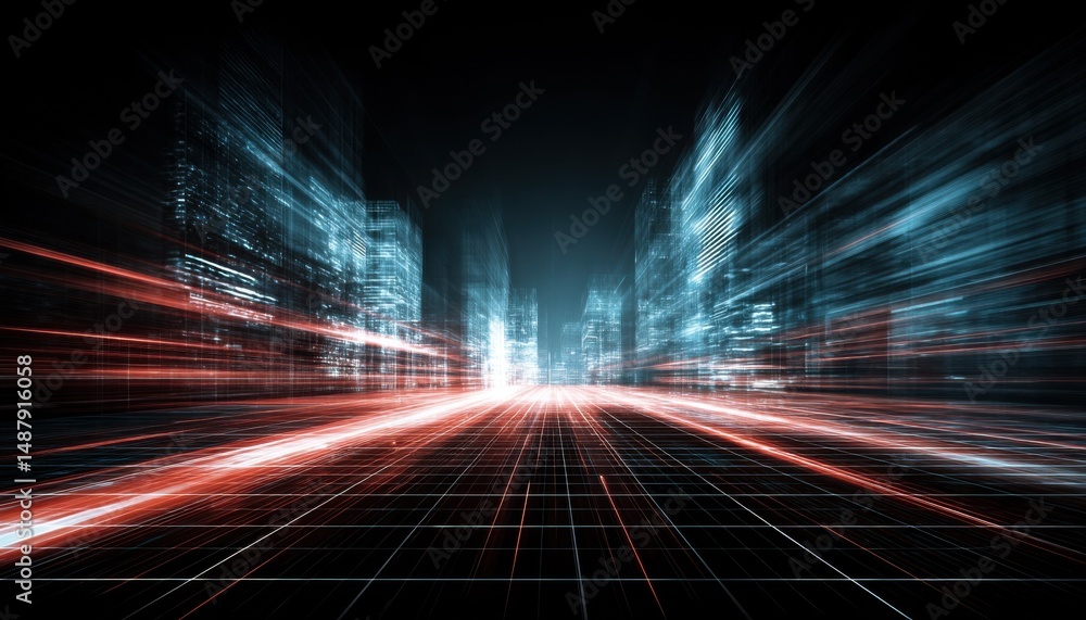 Poster futuristic city streetscape at night, depicted with glowing lines and a grid-like road, showcasing a