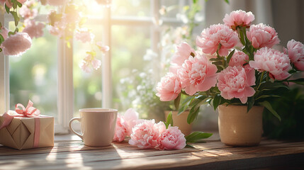 Pink peonies, gift, coffee by sunny window