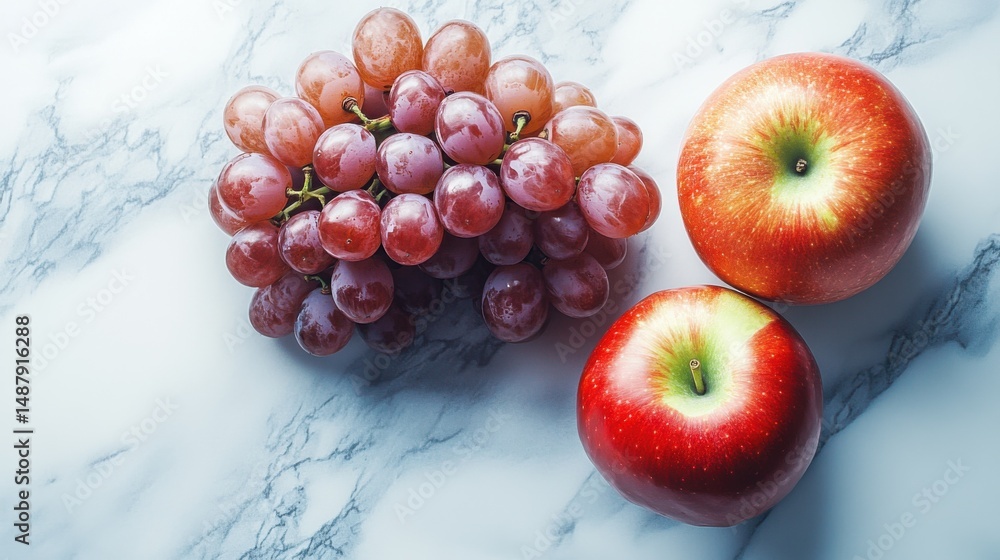Poster Red grapes and two crisp red apples arranged on a marble surface, creating a vibrant and fresh still life composition. : Generative AI