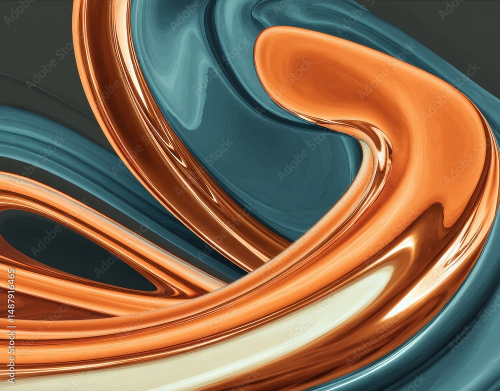 Poster Abstract swirling metallic forms in teal and copper tones create a dynamic, modern design ideal for backgrounds or textures. : Generative AI