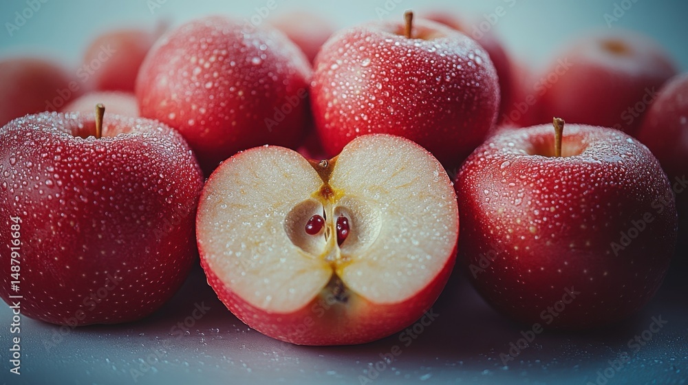 Poster Close-up of several red apples with water droplets, one apple is cut in half revealing the seeds and core.  The apples are arranged on a neutral background. : Generative AI