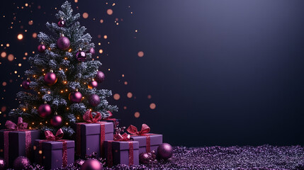 Purple Christmas tree with gifts on snowy ground, dark background, copy space