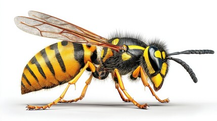 Detailed 3D render of a European wasp, showcasing its intricate body structure, vibrant yellow and black stripes, and hairy texture against a stark white background. : Generative AI