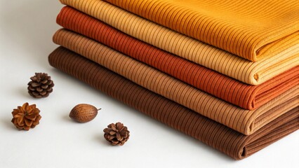 A stack of six folded ribbed fabrics or textiles in warm, earthy tones, including shades of orange, brown, and beige, showcasing their vertical ribbed texture, symbolizing textiles