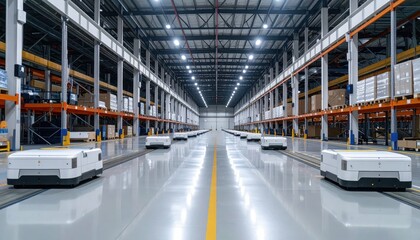 Obraz premium Giant Automated Warehouse with Reflective Floor and Guided Vehicles
