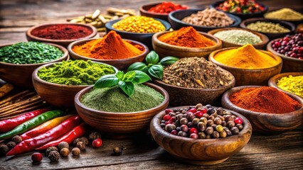 Fototapeta premium Vibrant rows of colorful spices in a large wooden bowl with a rustic texture, spices, cuisine, spices, cuisine, herbs