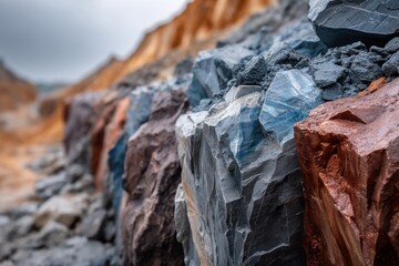 Close-up view of a variety of colorful rocks in a quarry, showcasing textures and hues of gray, brown, and blue stones. : Generative AI
