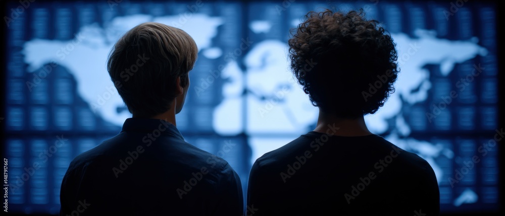 Aufkleber two young men analyze complex global data displayed on a large digital screen in a modern workspace 