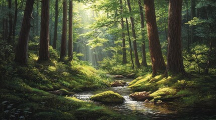 Obraz premium Sunlit Forest Stream: A Tranquil Woodland Scene